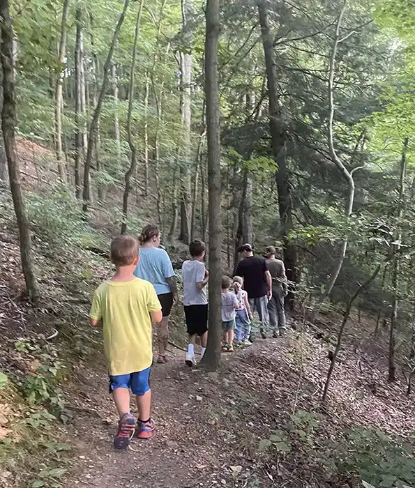 Children hiking in forest