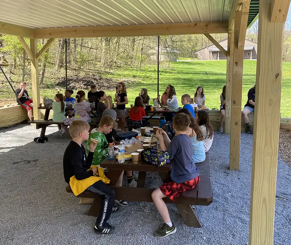 Students having lunch at picnic tables